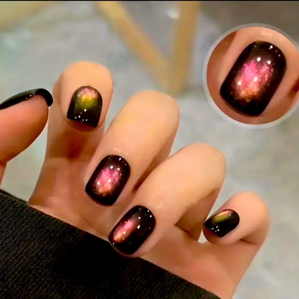 Short Square Rounded Cat Eye Magnetic Fake Press On Nails Kit